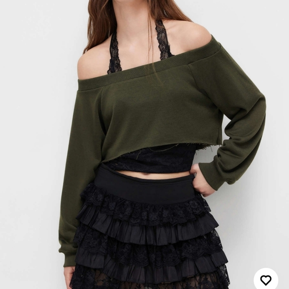 Cider Sweaters - Olive Green Off-Shoulder Sweater